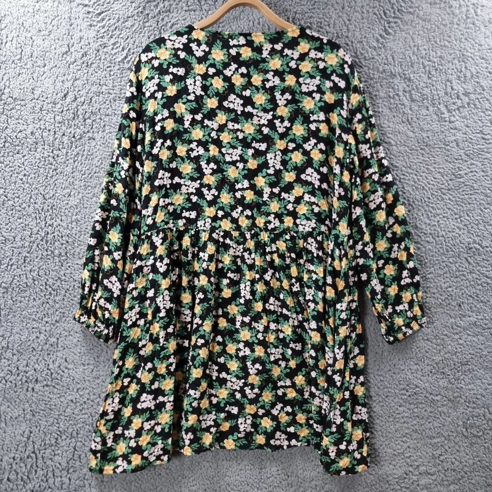Anko Womens Dress Size 12 Black Yellow Green Floral Long Sleeve A-line V-Neck
